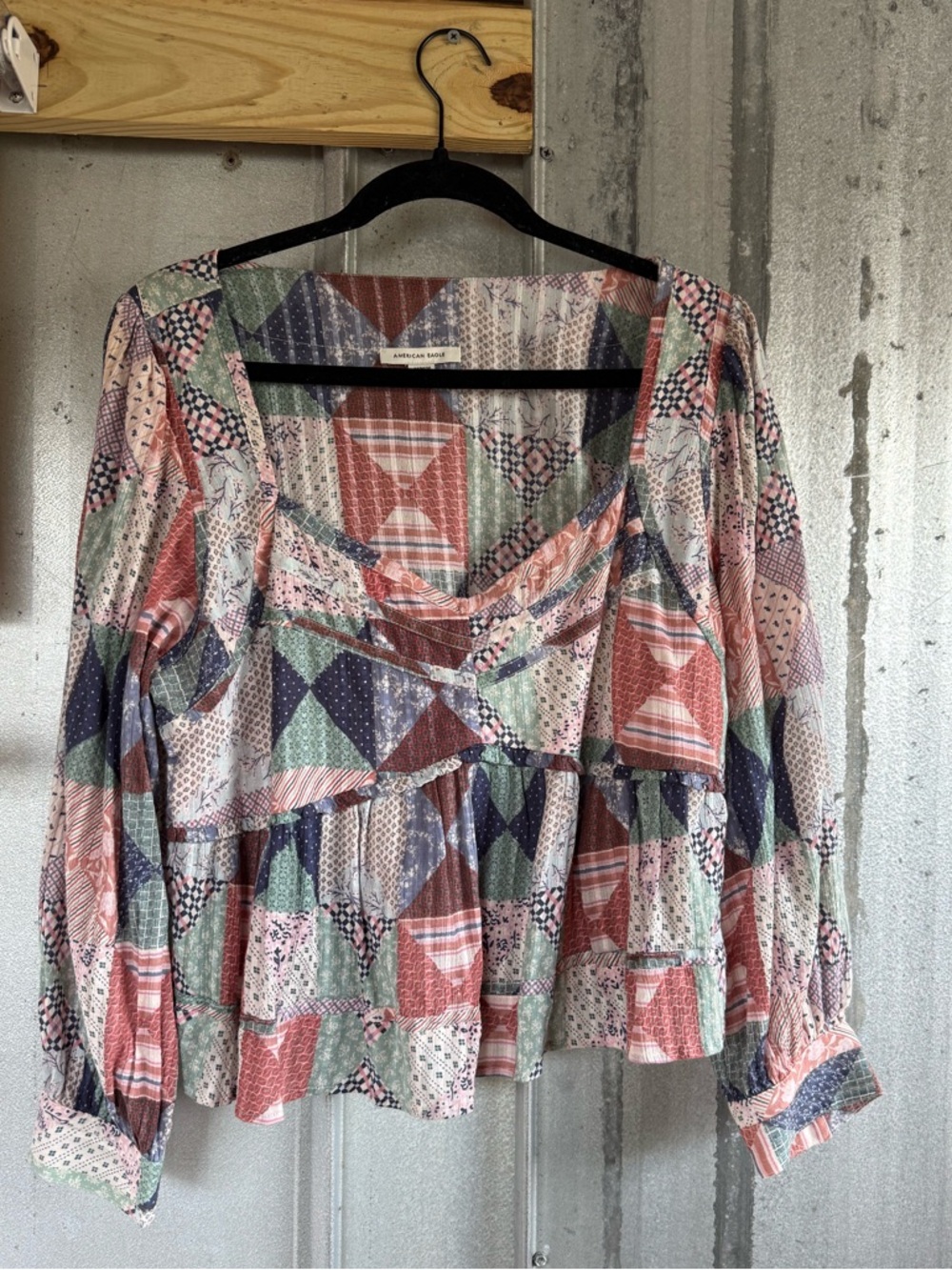 American Eagle Boho Patchwork Peasant Blouse - Pink, Blue, Mint and Cream